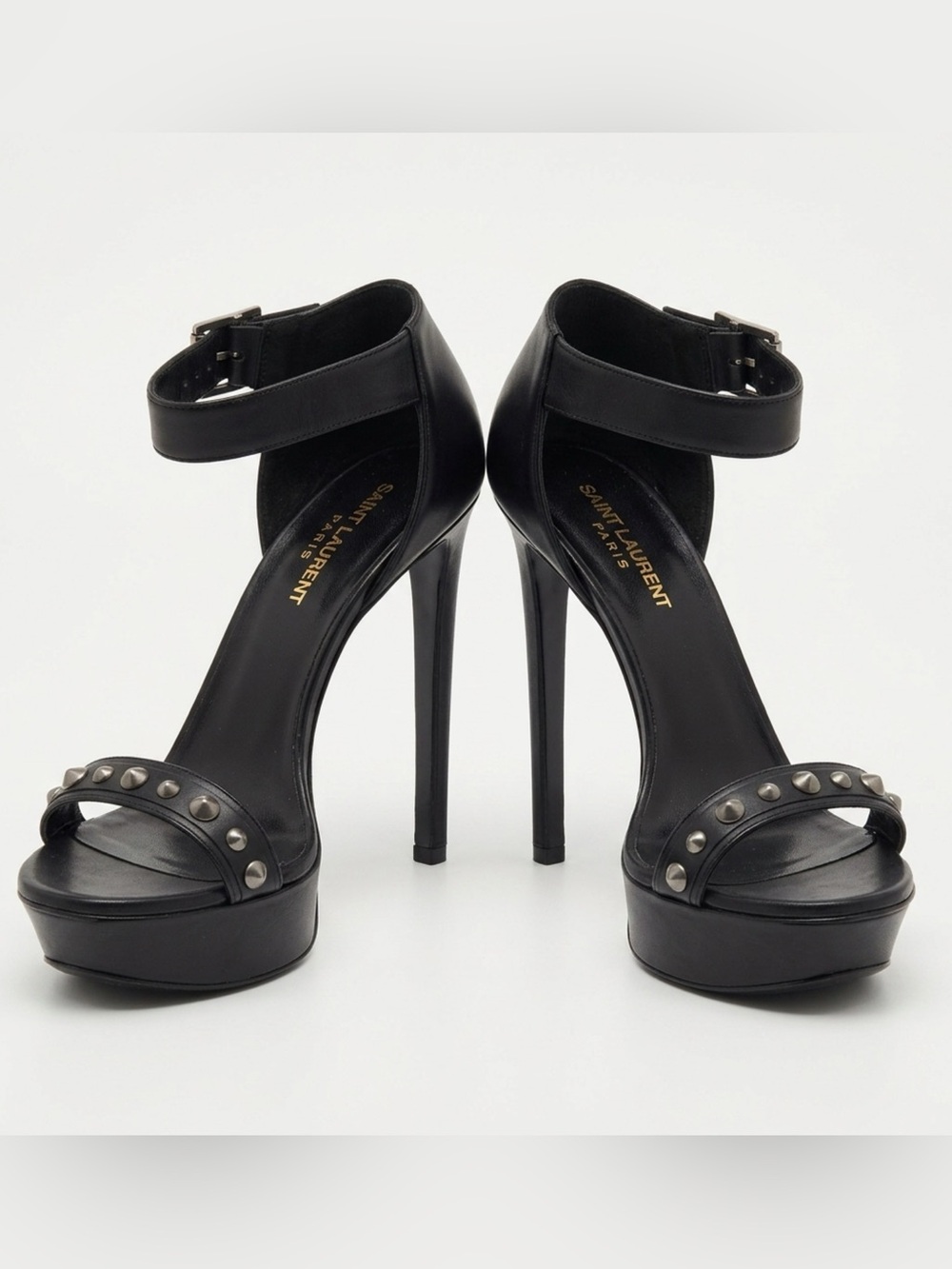 Saint Laurent Black Leather Ankle-Strap Platform Heels with Studs
